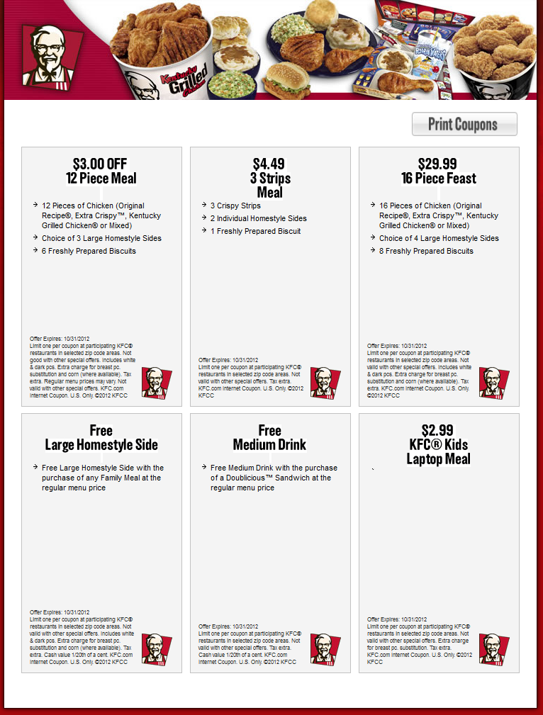 Coupons for Stores Related to kfc.co.uk Get KFC Coupons. When you sign up for KFC's email list, they'll send coupons and special deals straight to your inbox. Winner winner, chicken dinner.5/5(8).